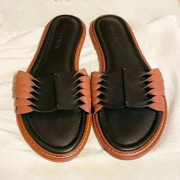 Ulla Johnson Black Leather Ameya Twisted Contrast Colorblock Slide Sandal - Picture 2 of 7